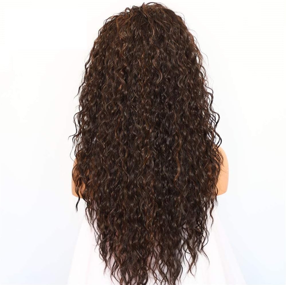 Sapphirewigs Pruik met krullend kant aan voorkant, highlight, bruin, synthetische pruiken voor vrouwen, 33 x 7 cm, dagelijks dragen, feest, Kerstmis, Halloween, hittebestendig, 66 cm