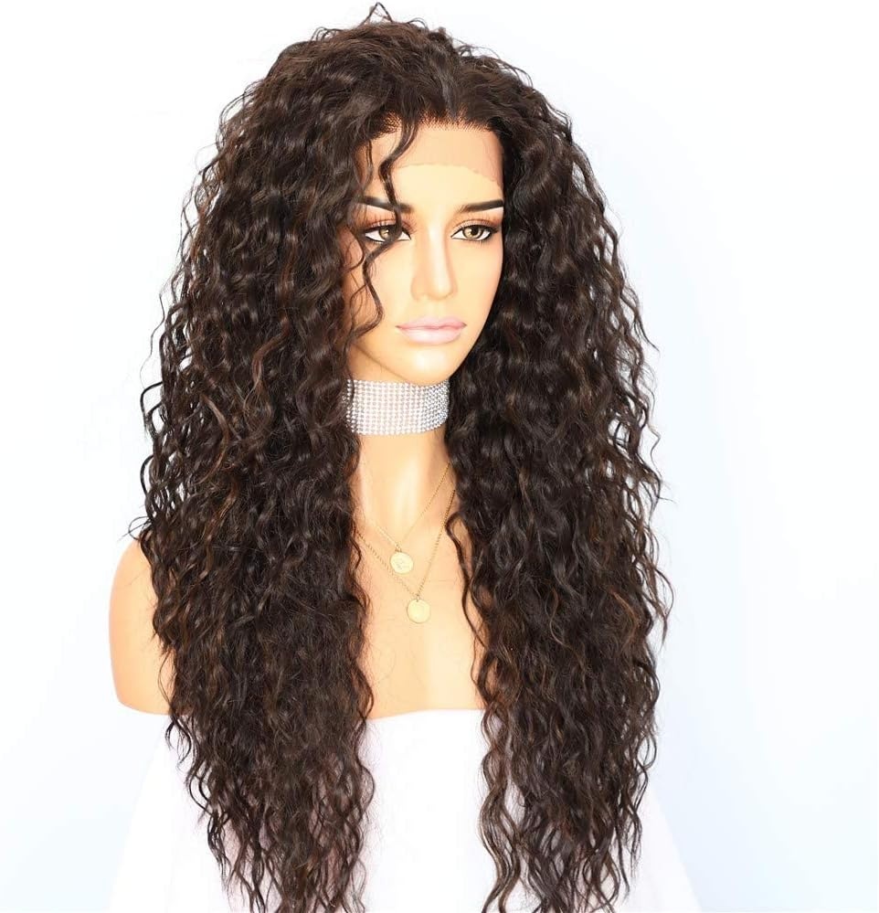 Sapphirewigs Pruik met krullend kant aan voorkant, highlight, bruin, synthetische pruiken voor vrouwen, 33 x 7 cm, dagelijks dragen, feest, Kerstmis, Halloween, hittebestendig, 66 cm