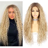 Sapphirewigs Pruik met krullend kant aan voorkant, highlight, bruin, synthetische pruiken voor vrouwen, 33 x 7 cm, dagelijks dragen, feest, Kerstmis, Halloween, hittebestendig, 66 cm