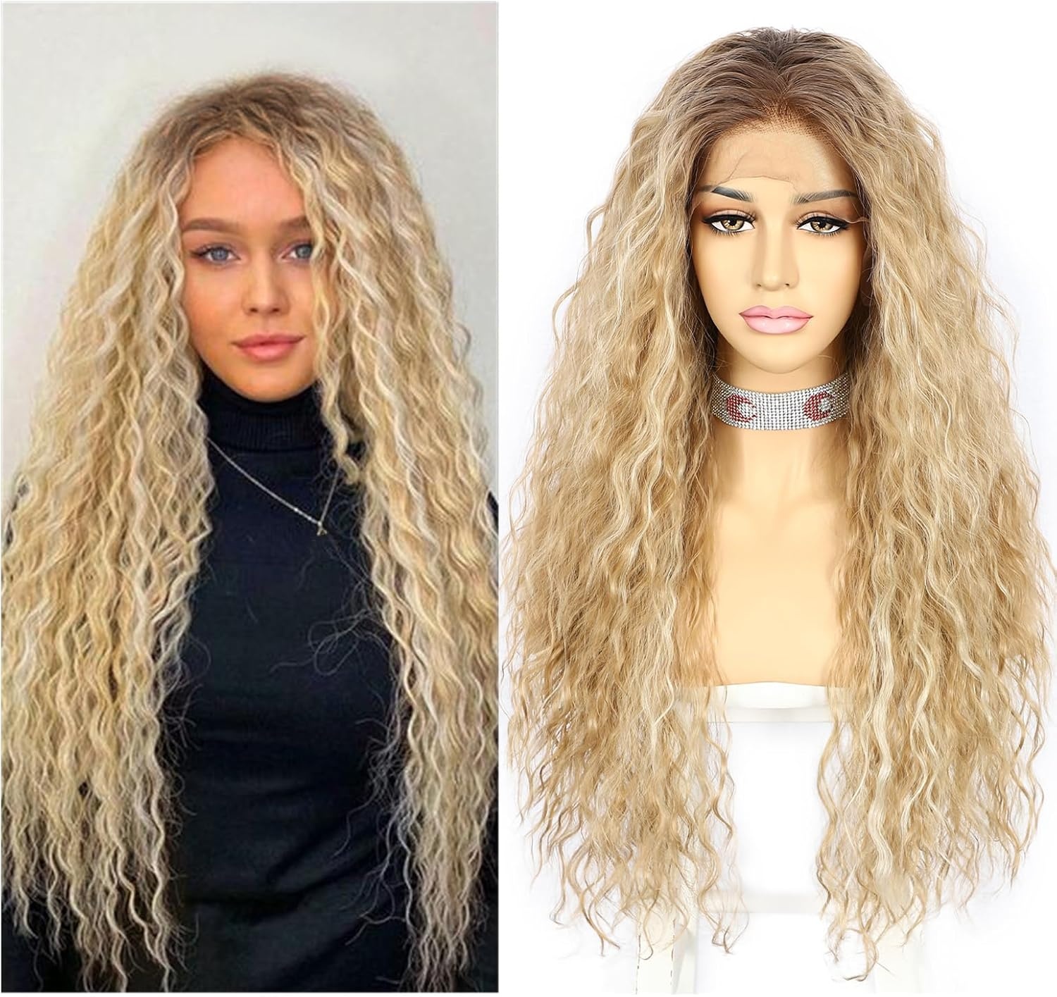 Sapphirewigs Pruik met krullend kant aan voorkant, highlight, bruin, synthetische pruiken voor vrouwen, 33 x 7 cm, dagelijks dragen, feest, Kerstmis, Halloween, hittebestendig, 66 cm