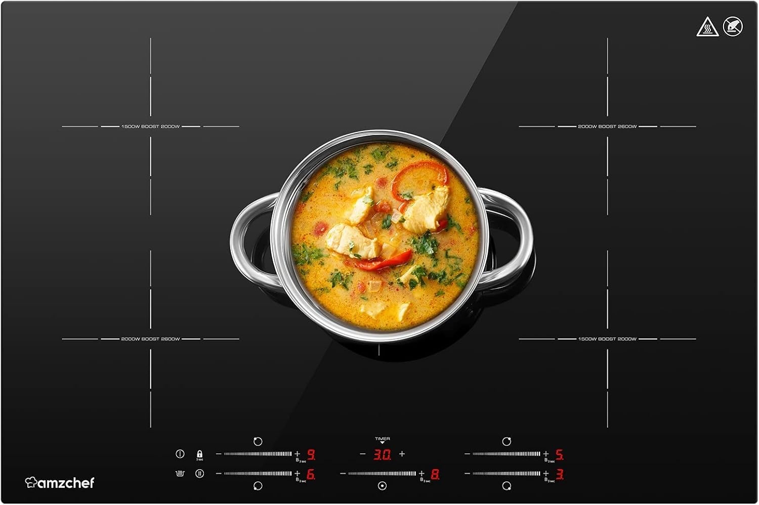 AMZCHEF Inbouw Inductiekookplaat met 5 Zones, 9 Niveaus, Booster, Schuifregelaar en Timer