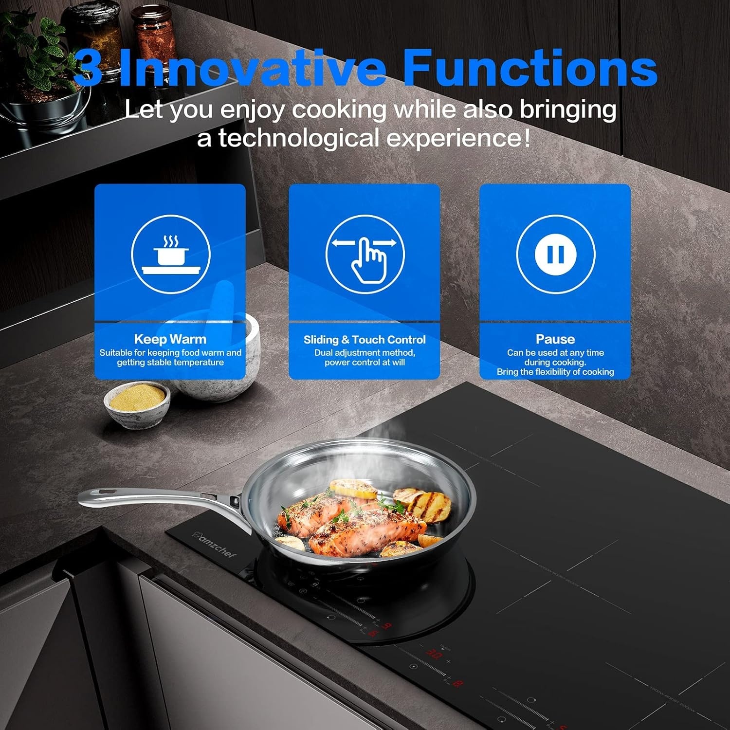 AMZCHEF Inbouw Inductiekookplaat met 5 Zones, 9 Niveaus, Booster, Schuifregelaar en Timer