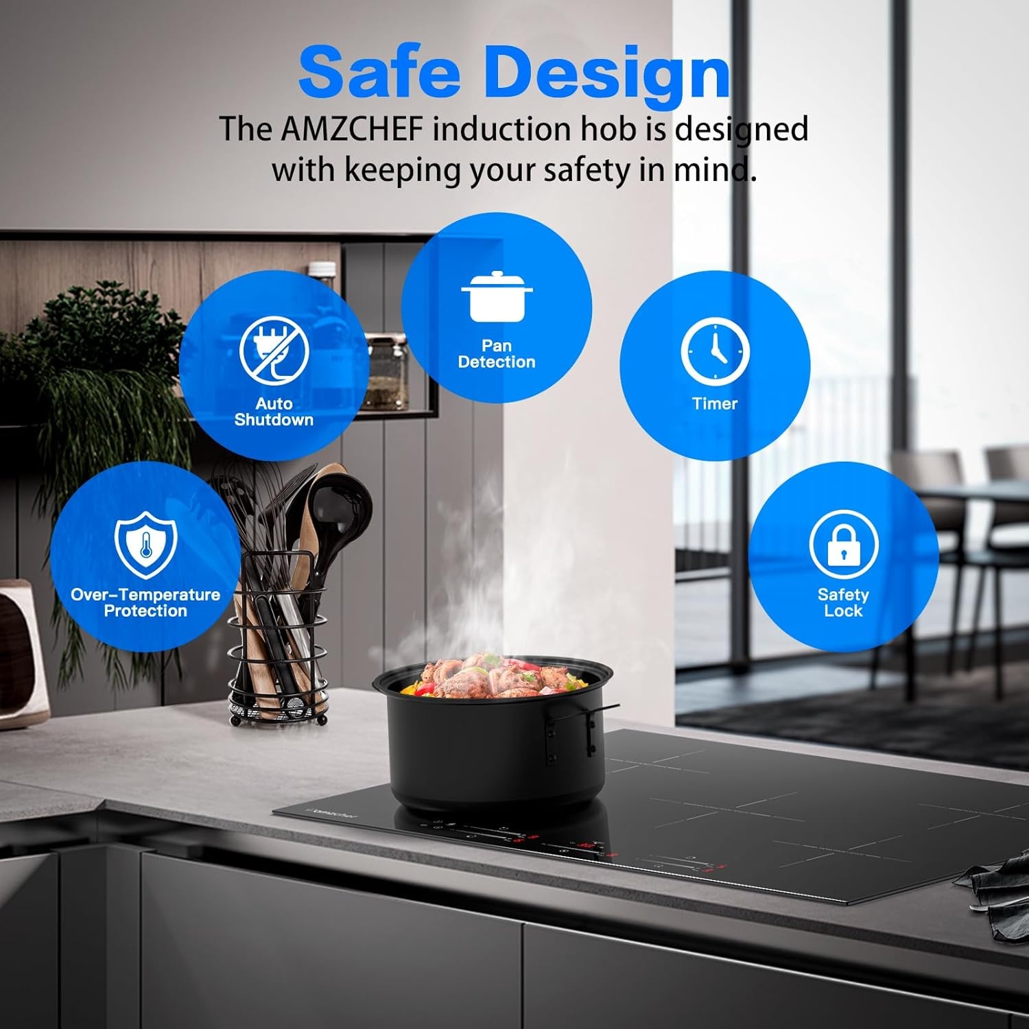 AMZCHEF Inbouw Inductiekookplaat met 5 Zones, 9 Niveaus, Booster, Schuifregelaar en Timer