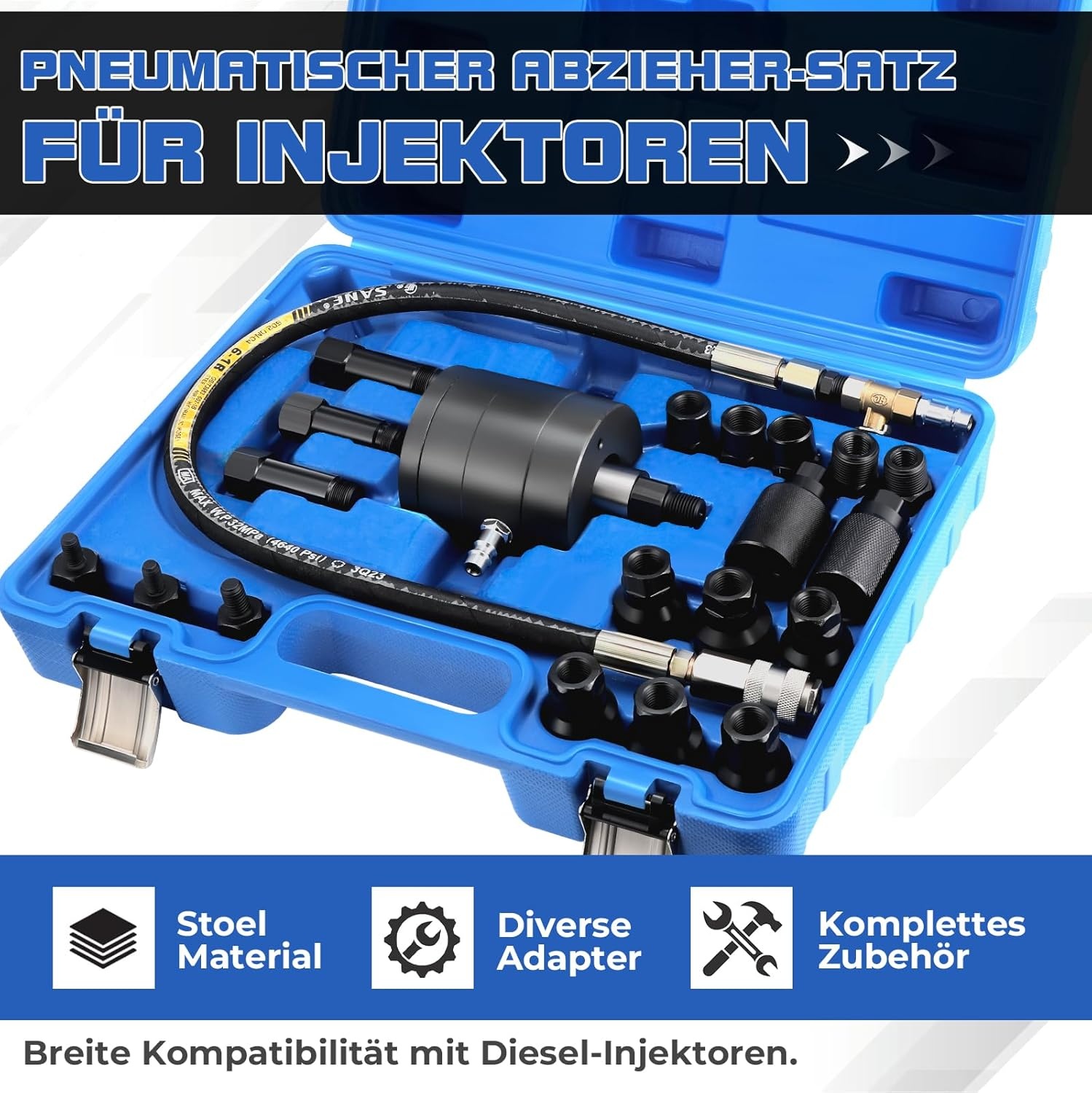 21-delige set Diesel inspuitmondtrekker, pneumatisch injectortrekker met adapter, inspuitmondtrekker, perslucht injectoren uittrekgereedschap