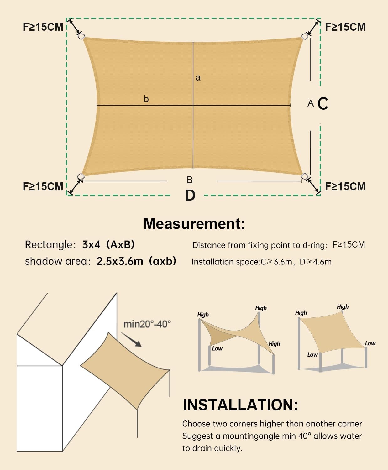LOVE STORY Zonneschermdoek 4x6m Rechthoekig Zonwering Waterdicht UV-Bescherming Polyester voor Terras, Tuin, Terrasoverkapping (Zandkleur)