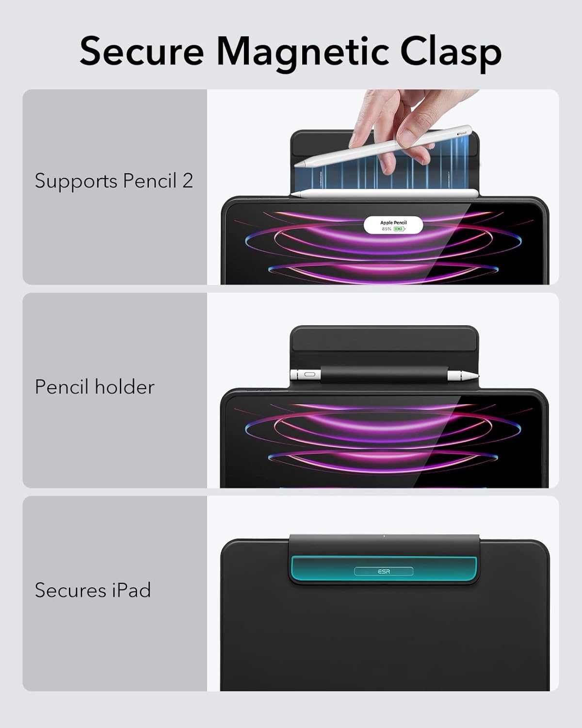 ESR Ascend toetsenbord hoes Lite, iPad compatibel met iPad Pro 12.9 2022/2021, magnetische afneembare hoes, instelbare portret-/landschapsmodus, licht en draagbaar, zwart