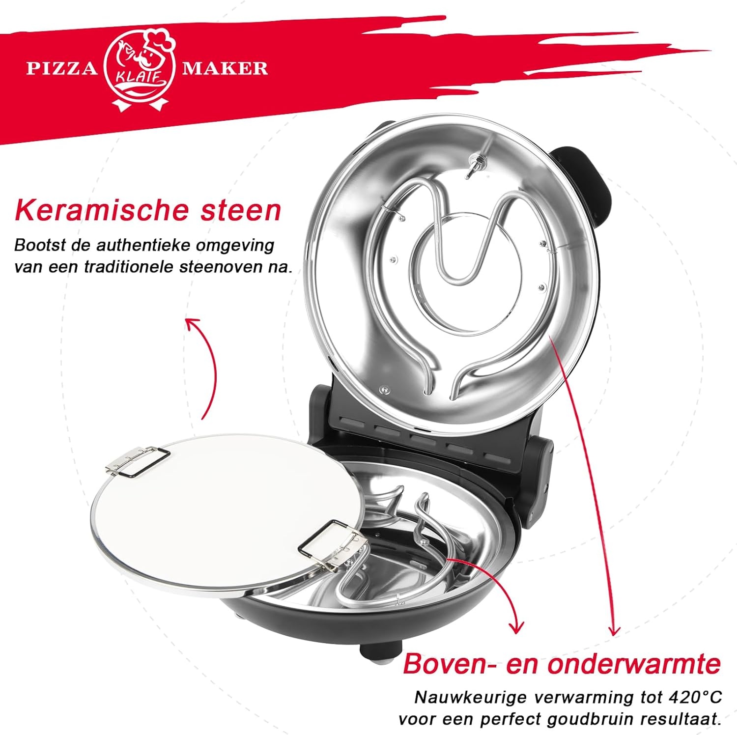 KLAIF Elektrische Pizzaoven voor binnen met 12-inch keramische steen, twee temperatuurregelaars, 420°C, 1200 watt, LM-Zwart