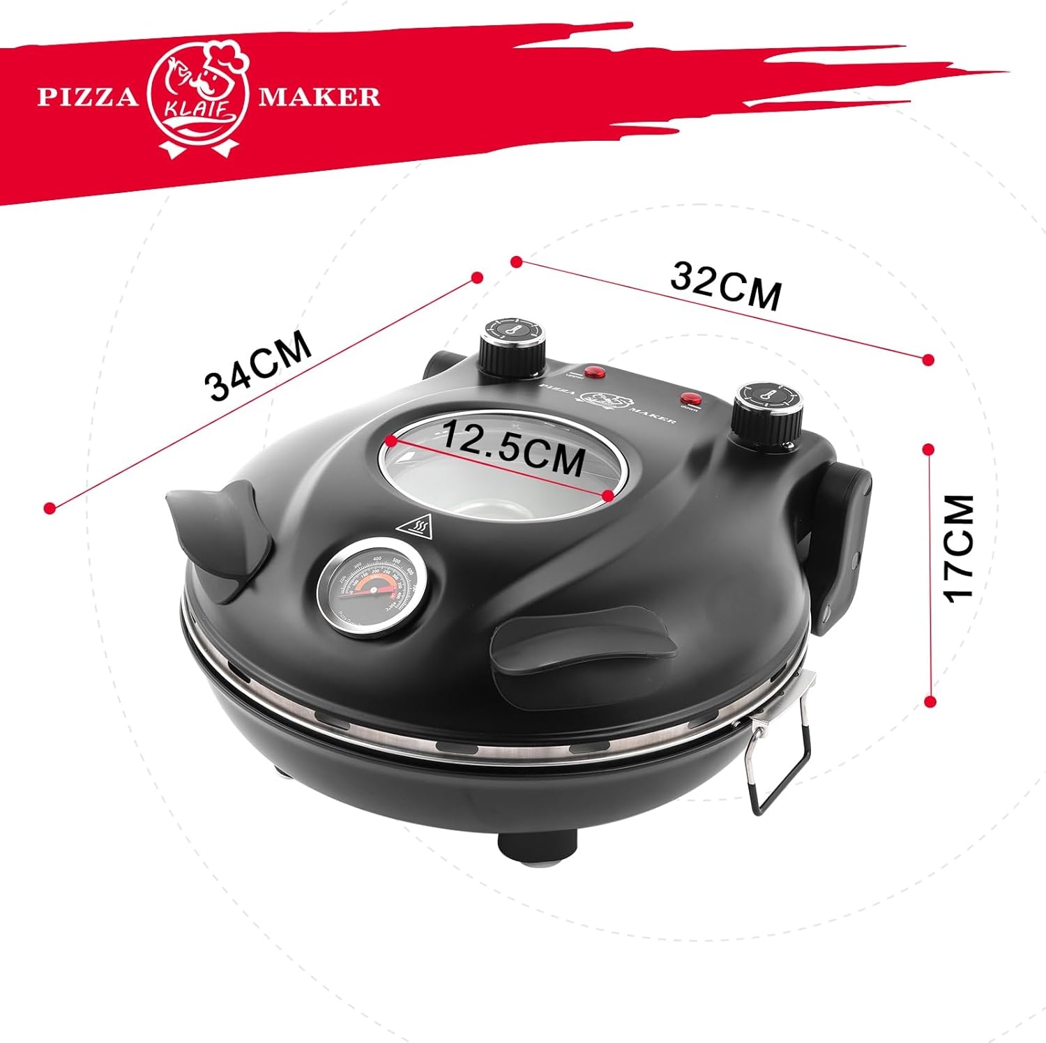 KLAIF Elektrische Pizzaoven voor binnen met 12-inch keramische steen, twee temperatuurregelaars, 420°C, 1200 watt, LM-Zwart