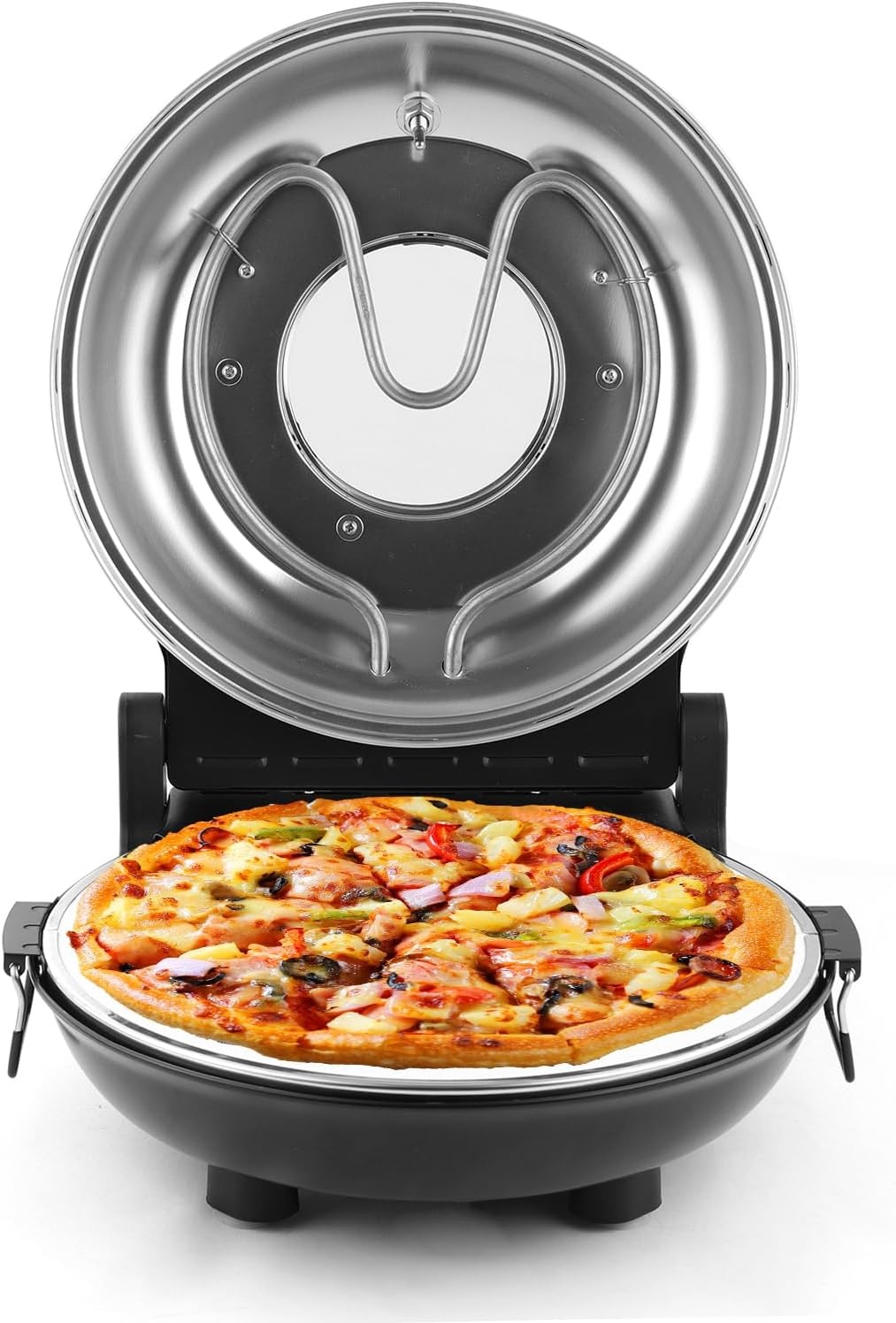 KLAIF Elektrische Pizzaoven voor binnen met 12-inch keramische steen, twee temperatuurregelaars, 420°C, 1200 watt, LM-Zwart