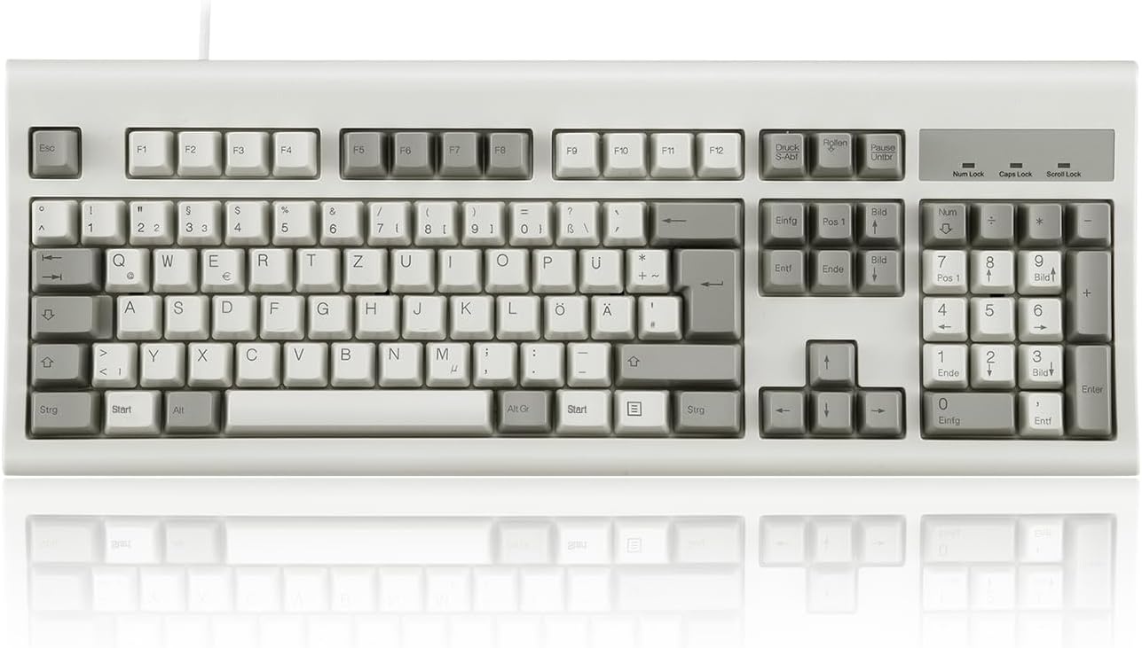 Perixx PERIBOARD-106M, USB-bekabeld toetsenbord in volledig formaat met ergonomisch design, retro/vintage design, grijs/wit