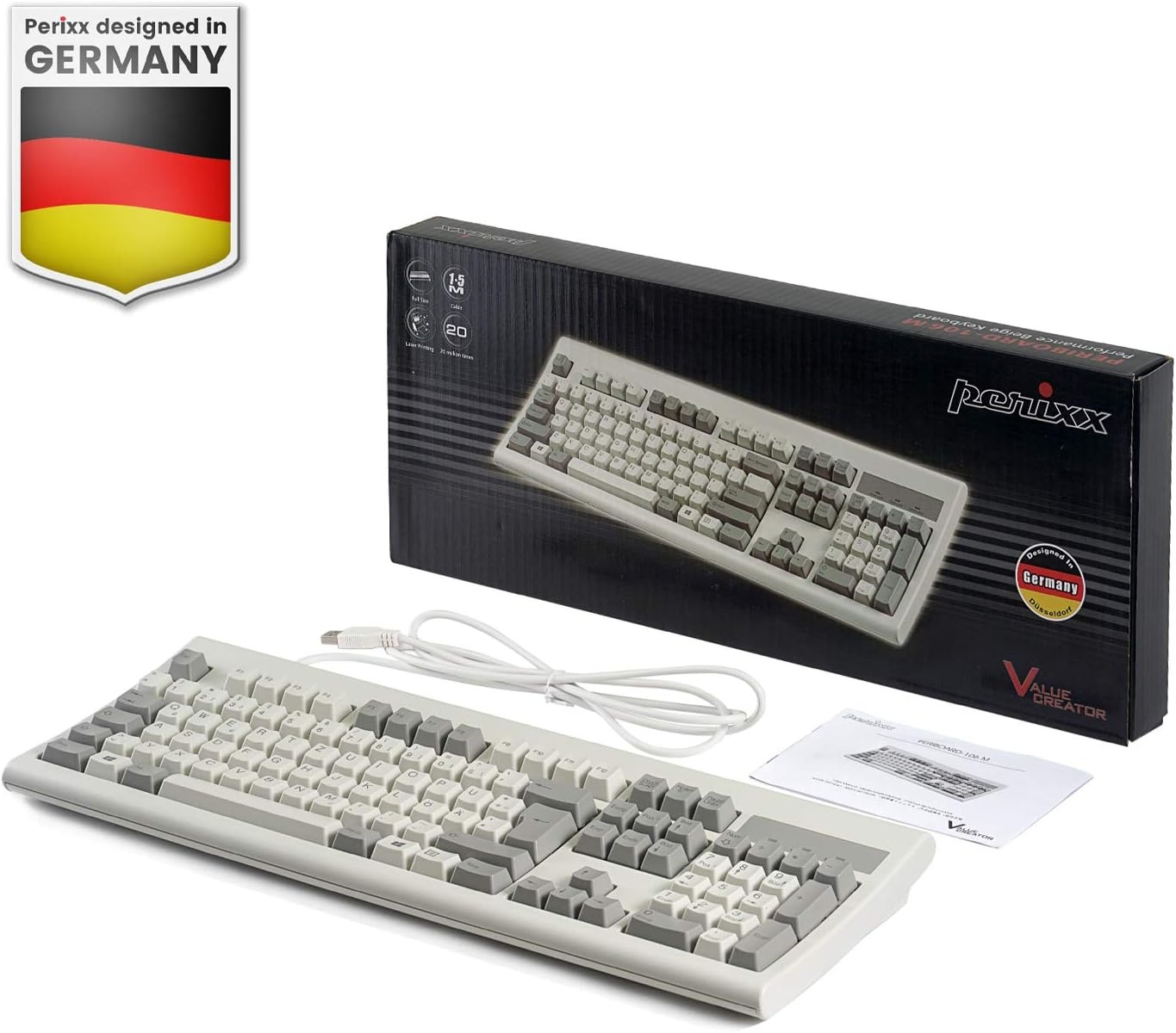 Perixx PERIBOARD-106M, USB-bekabeld toetsenbord in volledig formaat met ergonomisch design, retro/vintage design, grijs/wit