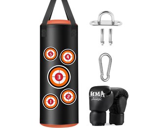 Hangende kinderen bokszak, 61 cm bokszak set met handschoenen, kettingen en bevestigingshaken, microvezel leren zware zak voor training kickboksen fitness kinderen workout