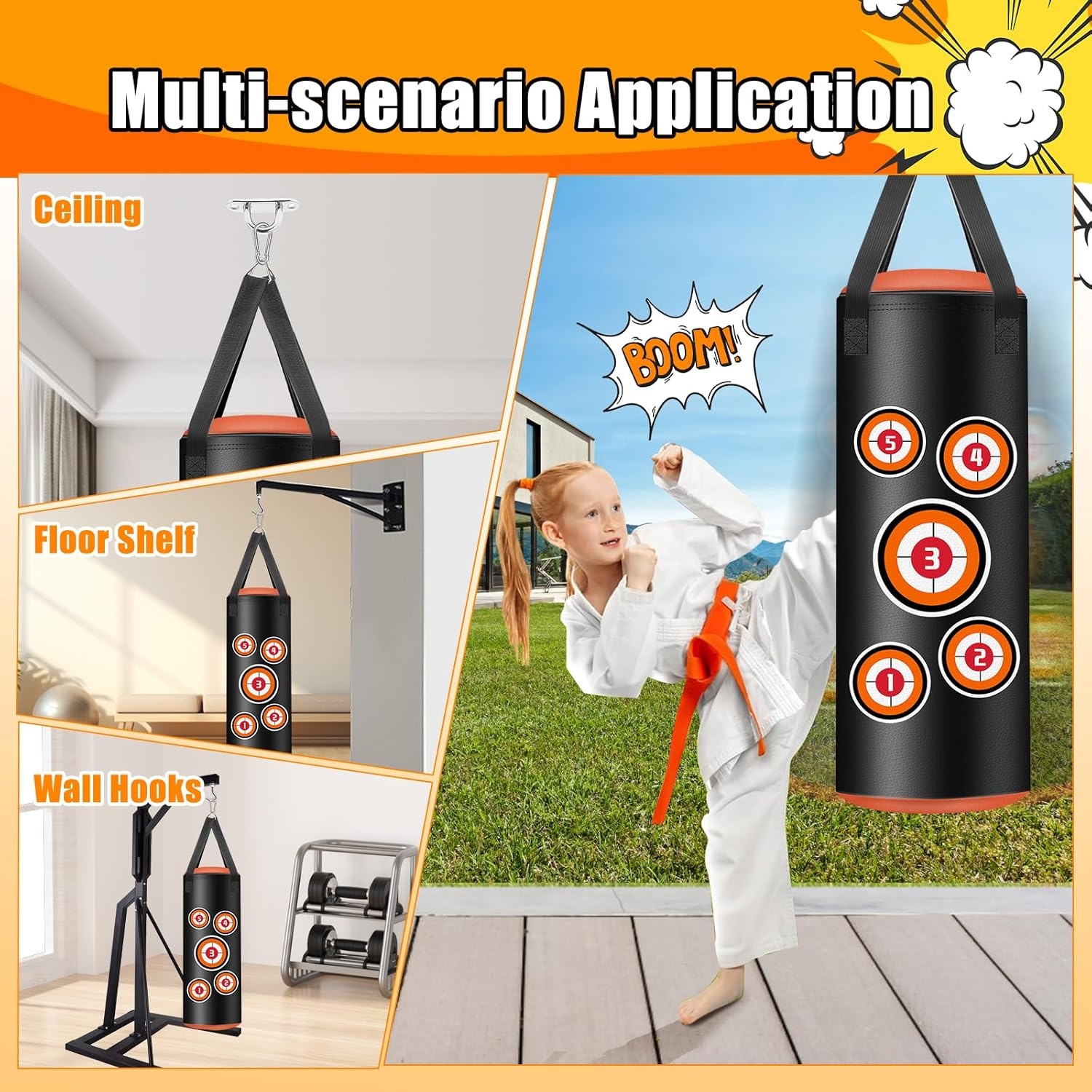 Hangende kinderen bokszak, 61 cm bokszak set met handschoenen, kettingen en bevestigingshaken, microvezel leren zware zak voor training kickboksen fitness kinderen workout