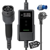 dé EV Charger Type 2 Schuko 3,7kW [15m, 1-Fase, 6-16A] Thuislader Type 2 met Digitaal Display, Instelbare Stroom, EV Oplader 3,7kW voor Model Y/3, ID.3/4, EX30, Enyaq en andere EV/PHEV