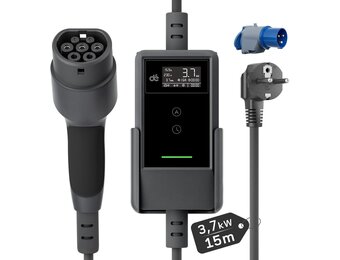 dé EV Charger Type 2 Schuko 3,7kW [15m, 1-Fase, 6-16A] Thuislader Type 2 met Digitaal Display, Instelbare Stroom, EV Oplader 3,7kW voor Model Y/3, ID.3/4, EX30, Enyaq en andere EV/PHEV