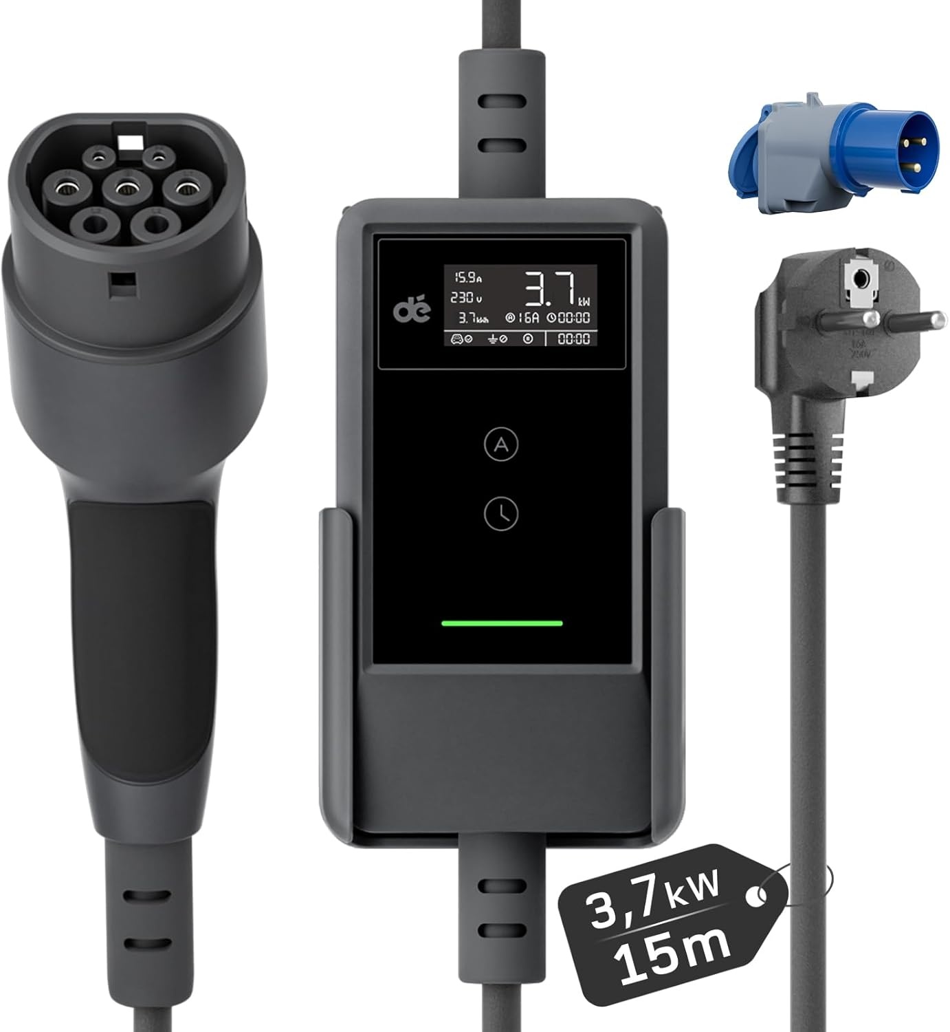 dé EV Charger Type 2 Schuko 3,7kW [15m, 1-Fase, 6-16A] Thuislader Type 2 met Digitaal Display, Instelbare Stroom, EV Oplader 3,7kW voor Model Y/3, ID.3/4, EX30, Enyaq en andere EV/PHEV