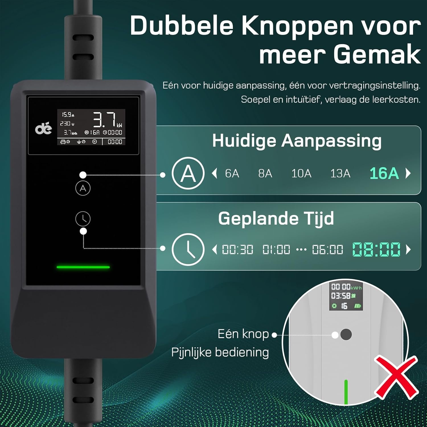 dé EV Charger Type 2 Schuko 3,7kW [15m, 1-Fase, 6-16A] Thuislader Type 2 met Digitaal Display, Instelbare Stroom, EV Oplader 3,7kW voor Model Y/3, ID.3/4, EX30, Enyaq en andere EV/PHEV