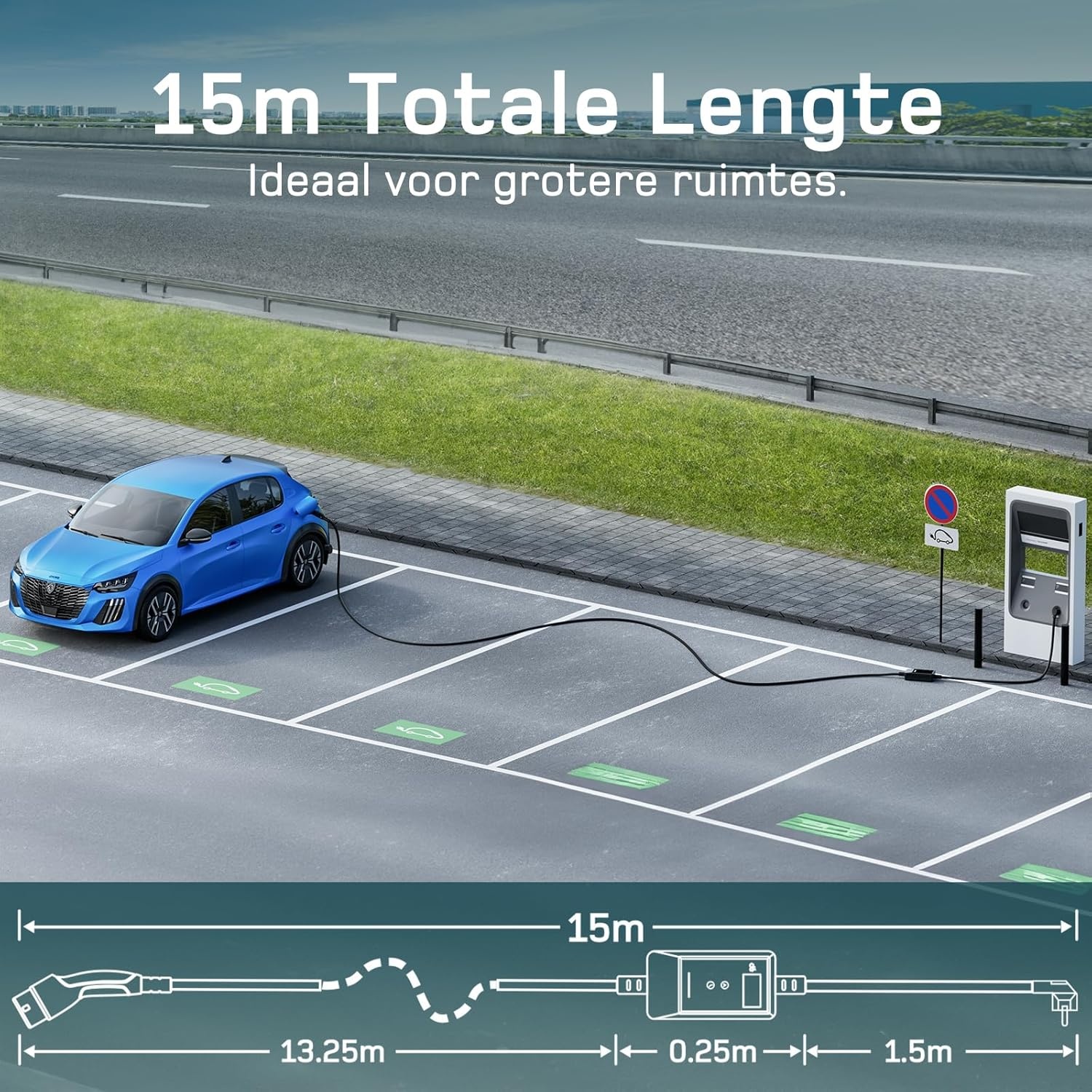 dé EV Charger Type 2 Schuko 3,7kW [15m, 1-Fase, 6-16A] Thuislader Type 2 met Digitaal Display, Instelbare Stroom, EV Oplader 3,7kW voor Model Y/3, ID.3/4, EX30, Enyaq en andere EV/PHEV