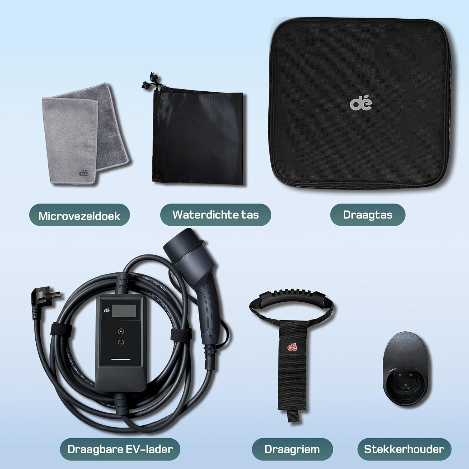 dé EV Charger Type 2 Schuko 3,7kW [15m, 1-Fase, 6-16A] Thuislader Type 2 met Digitaal Display, Instelbare Stroom, EV Oplader 3,7kW voor Model Y/3, ID.3/4, EX30, Enyaq en andere EV/PHEV