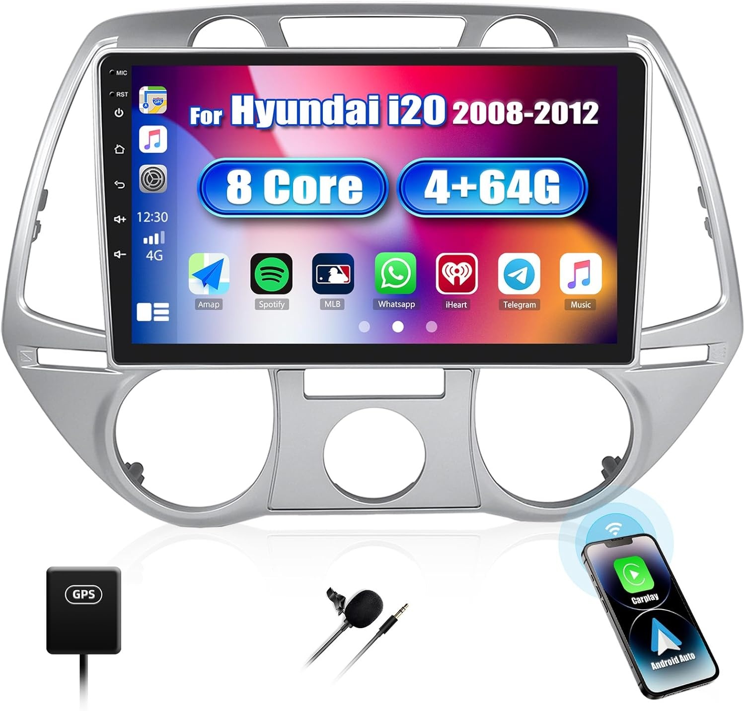 SIXWIN Android 13 Autoradio [4+64GB] voor Hyundai i20 2008-2012 | 9" touchscreen (1280x720) | CarPlay/Android Auto/DSP | GPS/WiFi/BT/USB/FM/RDS/MirrorLink + 32-Band EQ
