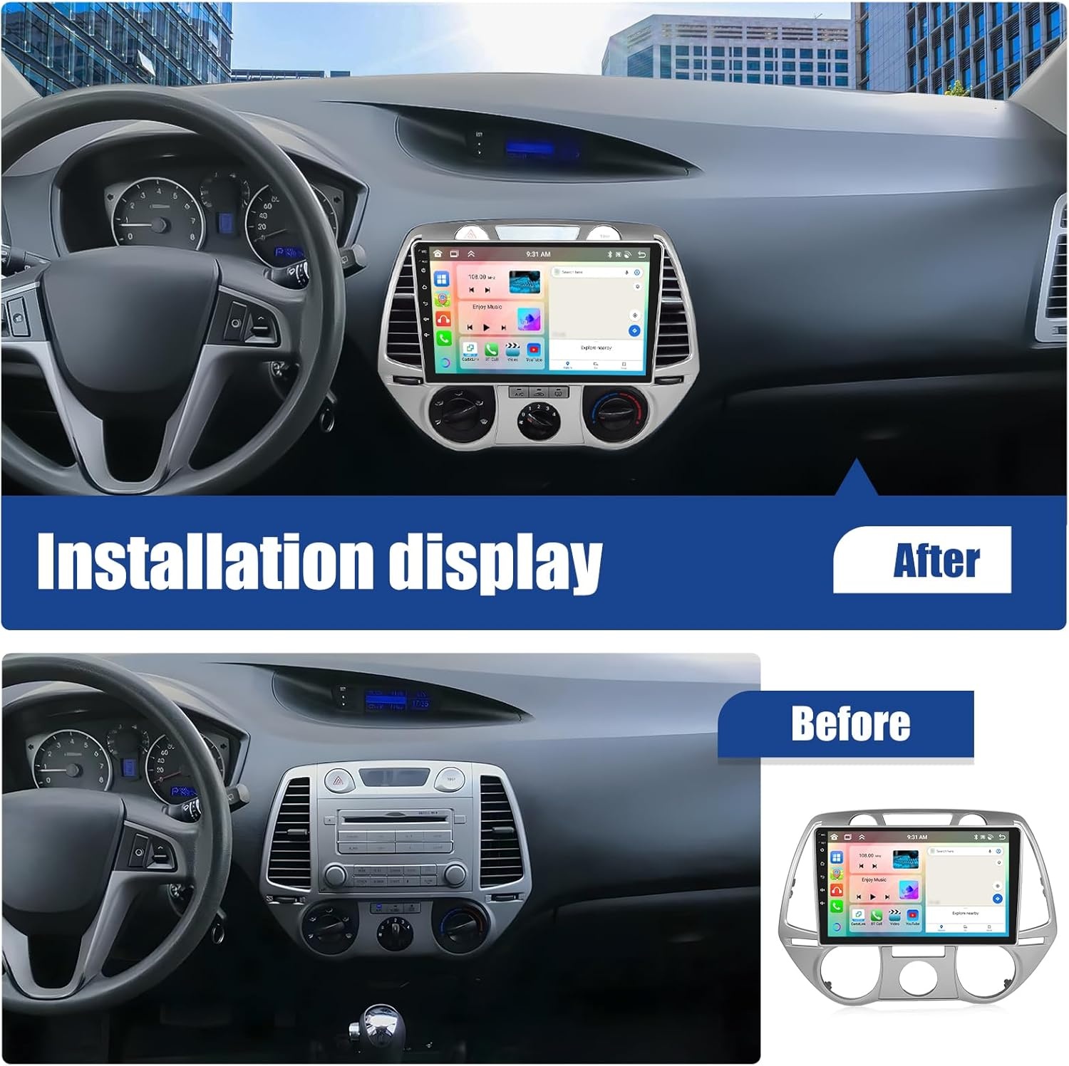 SIXWIN Android 13 Autoradio [4+64GB] voor Hyundai i20 2008-2012 | 9" touchscreen (1280x720) | CarPlay/Android Auto/DSP | GPS/WiFi/BT/USB/FM/RDS/MirrorLink + 32-Band EQ