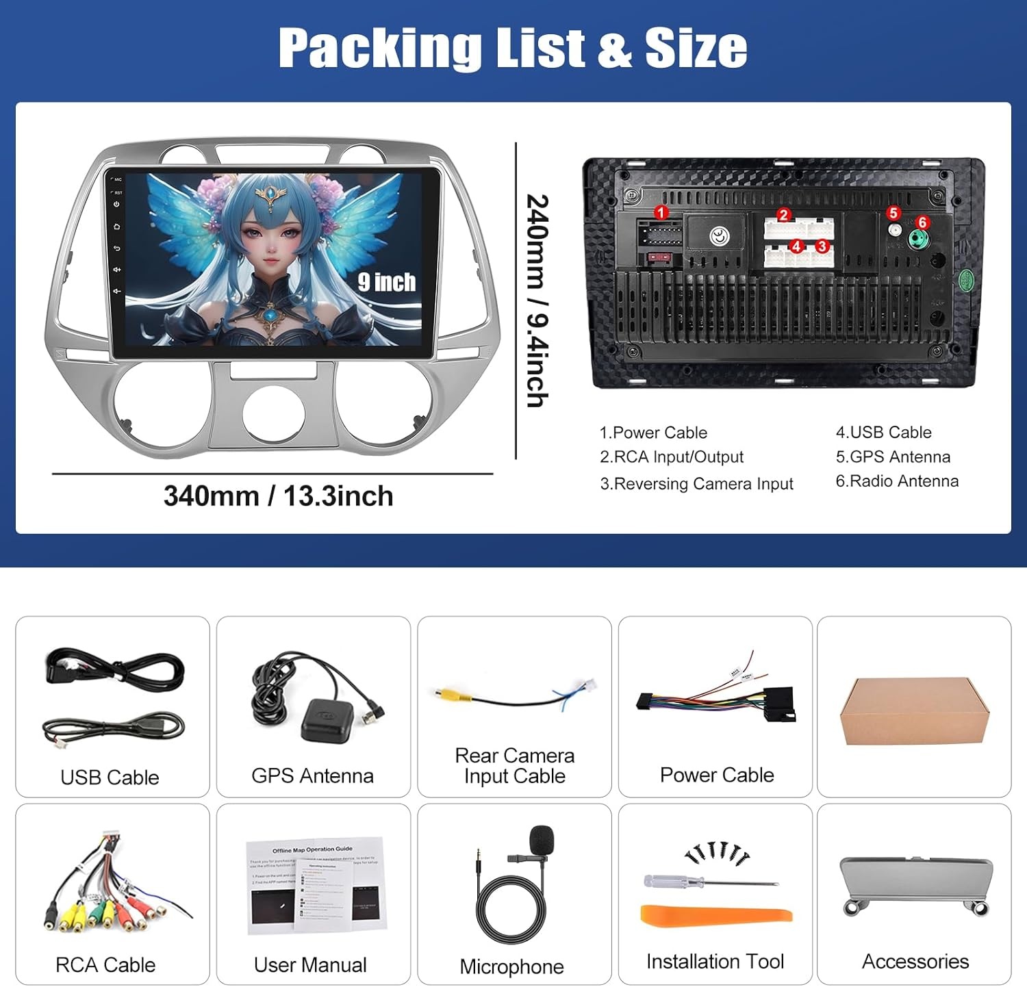 SIXWIN Android 13 Autoradio [4+64GB] voor Hyundai i20 2008-2012 | 9" touchscreen (1280x720) | CarPlay/Android Auto/DSP | GPS/WiFi/BT/USB/FM/RDS/MirrorLink + 32-Band EQ