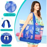 Grote strandtas voor vrouwen met mesh, rits, koeler en multi-pocket, sneldrogende zomer draagtas utility & lichtgewicht strandtassen voor picknick en vakantie