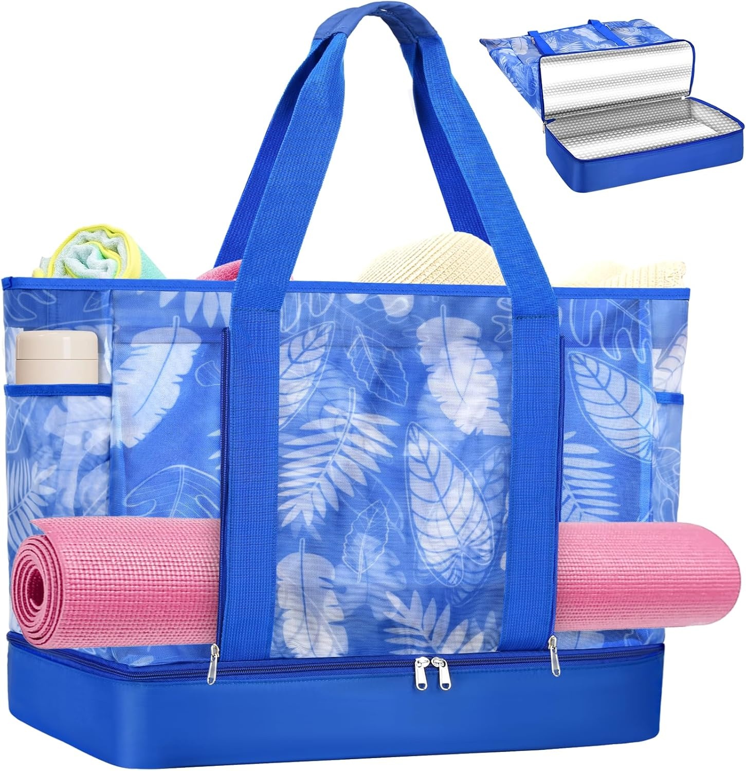 Grote strandtas voor vrouwen met mesh, rits, koeler en multi-pocket, sneldrogende zomer draagtas utility & lichtgewicht strandtassen voor picknick en vakantie