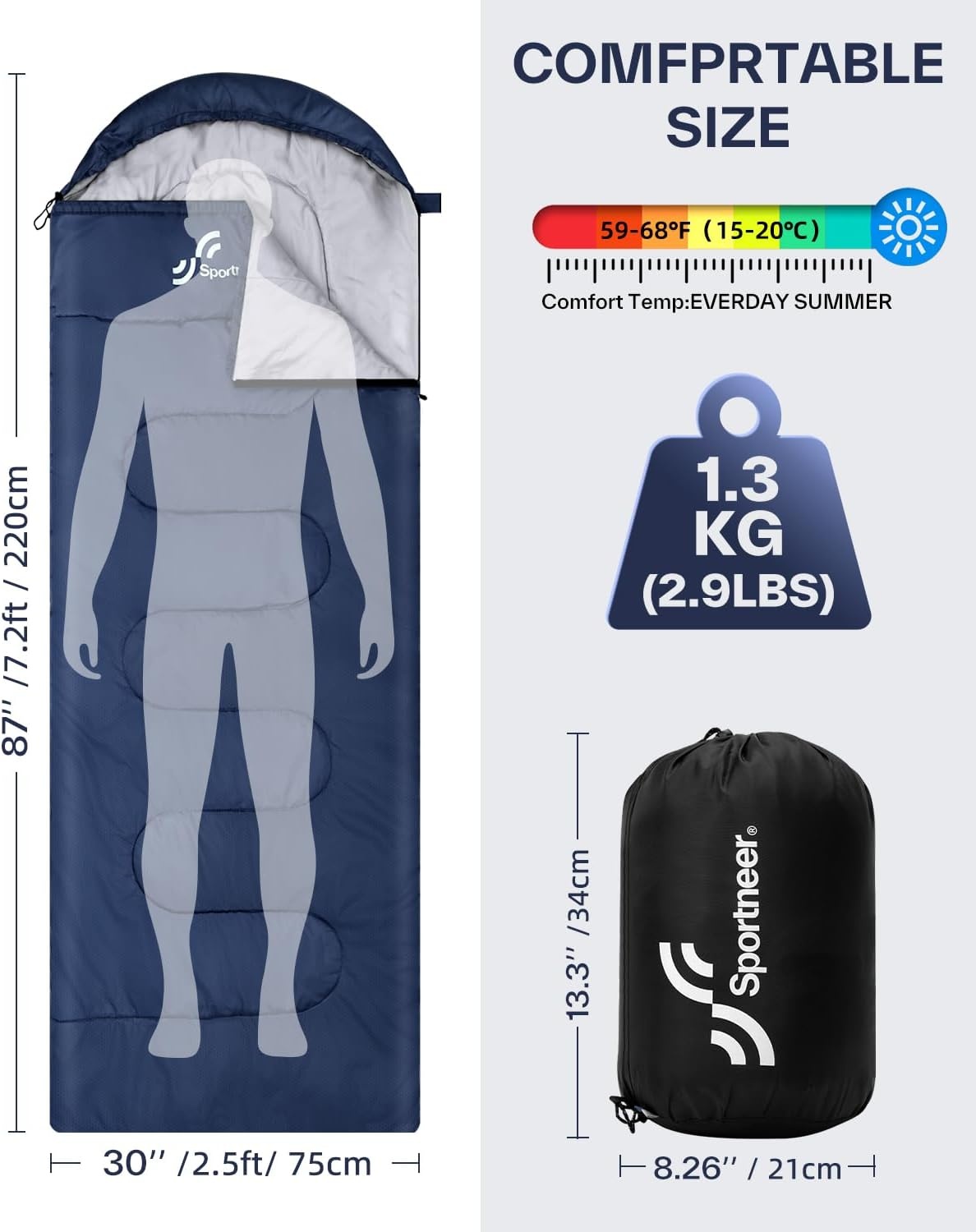 Sportneer Slaapzak voor buiten, licht, draagbaar, warme dekenslaapzak, winterslaapzak voor kamperen, reizen en outdoor, 220 x 75 cm