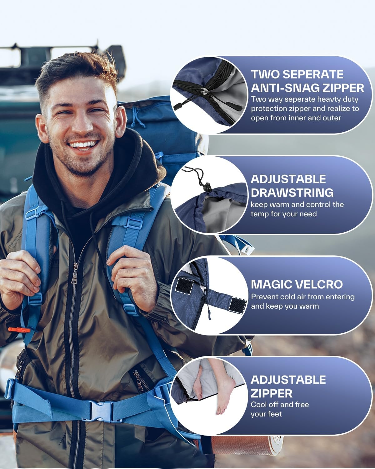 Sportneer Slaapzak voor buiten, licht, draagbaar, warme dekenslaapzak, winterslaapzak voor kamperen, reizen en outdoor, 220 x 75 cm