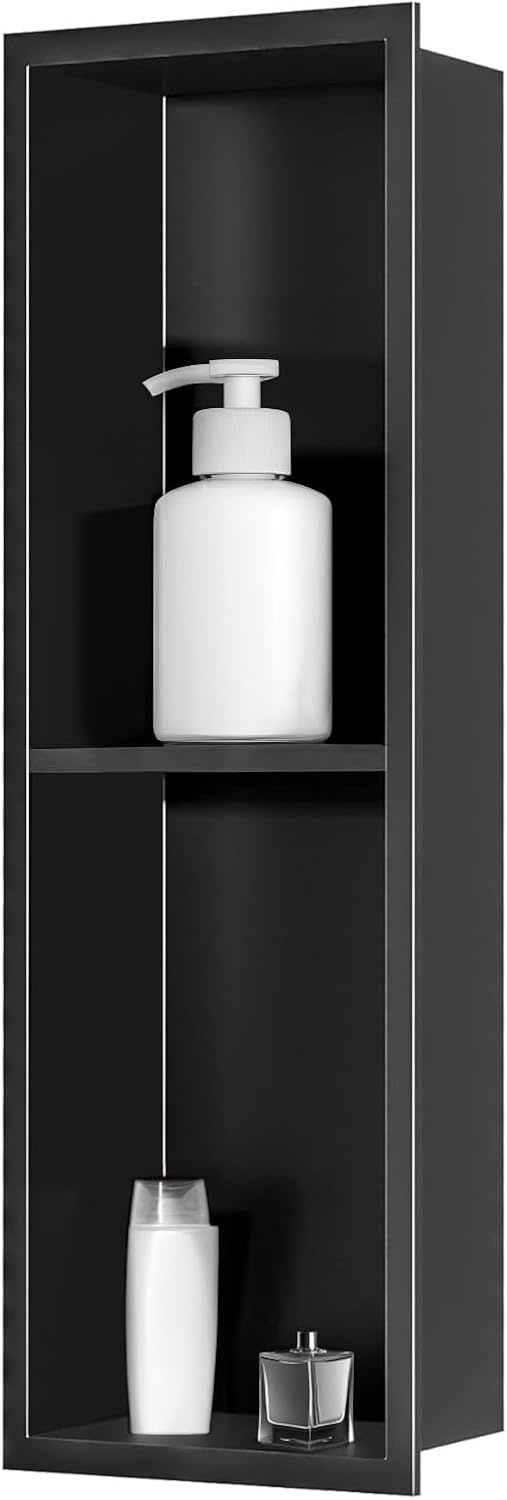 Wandnis douche roestvrij staal, wandnis opslag met een plank, douchebak 20 x 60 x 10 cm, geen tegels nodig, zwart