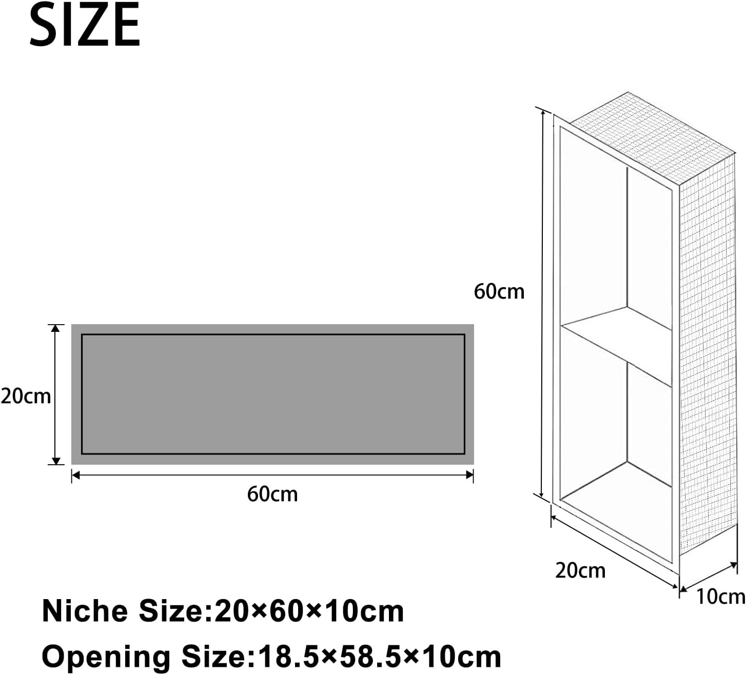 Wandnis douche roestvrij staal, wandnis opslag met een plank, douchebak 20 x 60 x 10 cm, geen tegels nodig, zwart