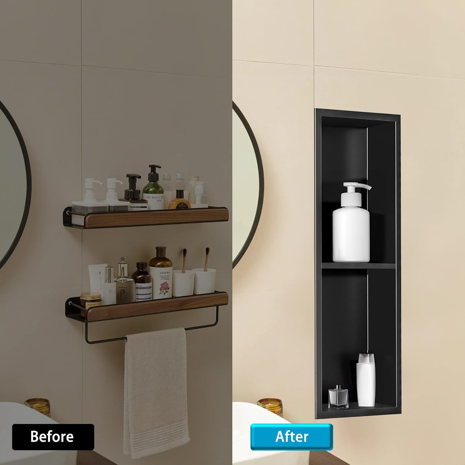 Wandnis douche roestvrij staal, wandnis opslag met een plank, douchebak 20 x 60 x 10 cm, geen tegels nodig, zwart