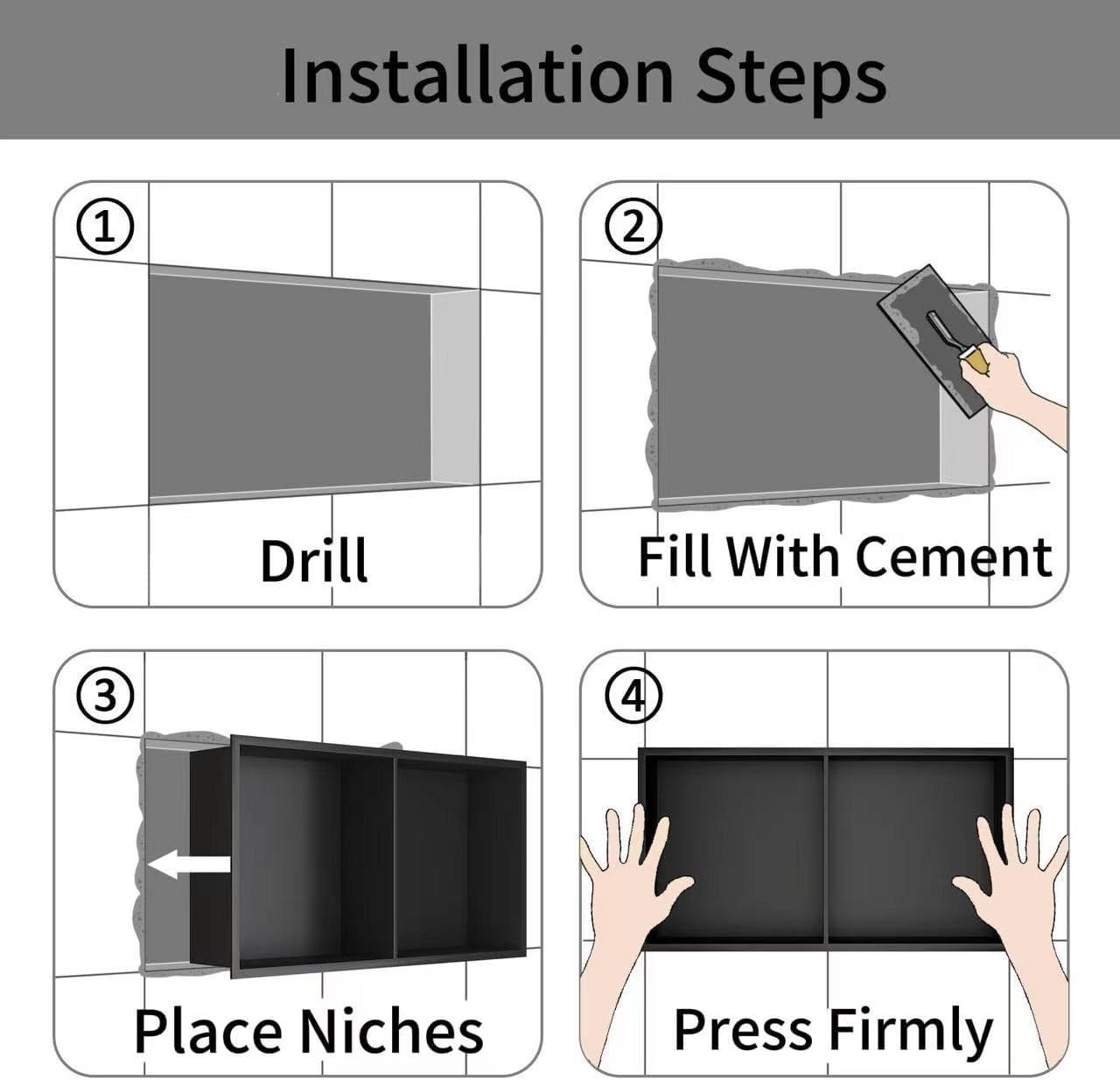 Wandnis douche roestvrij staal, wandnis opslag met een plank, douchebak 20 x 60 x 10 cm, geen tegels nodig, zwart