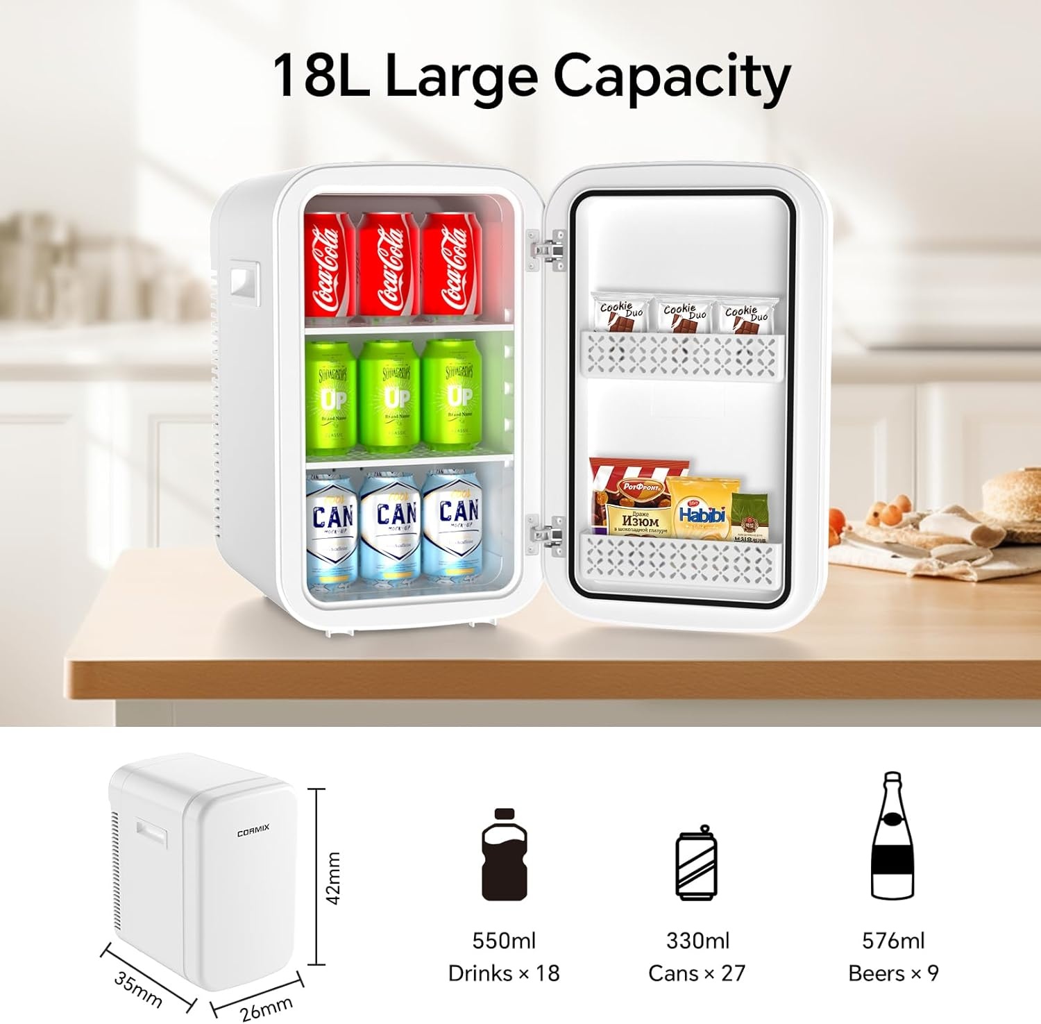 Mini-koelkast, 18 liter, 2-in-1 kleine koelkast met koel- en verwarmingsfunctie, draagbaar met koel- en verwarmingsfunctie, kleine drankkoelkast, 12 V DC/220 V AC voor thuis, kantoor, camping