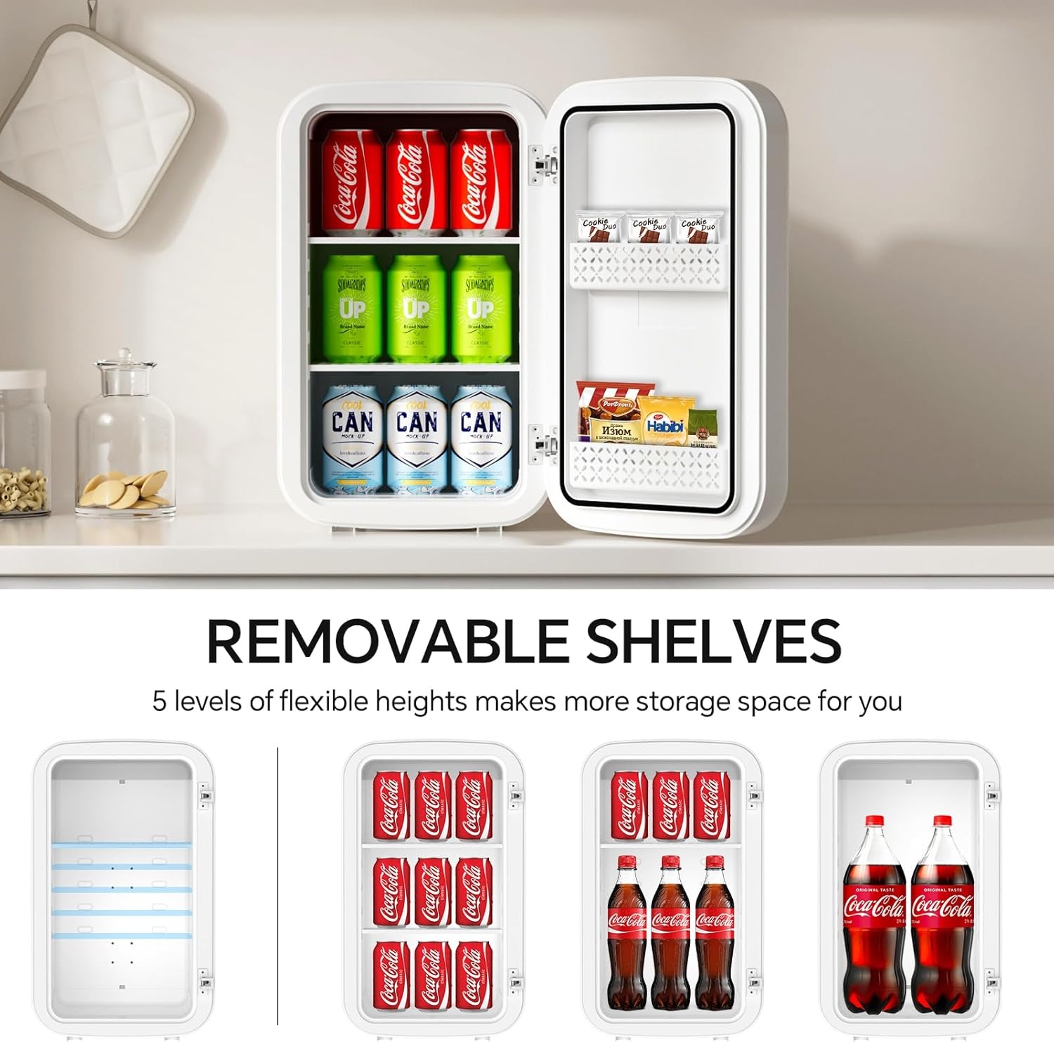 Mini-koelkast, 18 liter, 2-in-1 kleine koelkast met koel- en verwarmingsfunctie, draagbaar met koel- en verwarmingsfunctie, kleine drankkoelkast, 12 V DC/220 V AC voor thuis, kantoor, camping