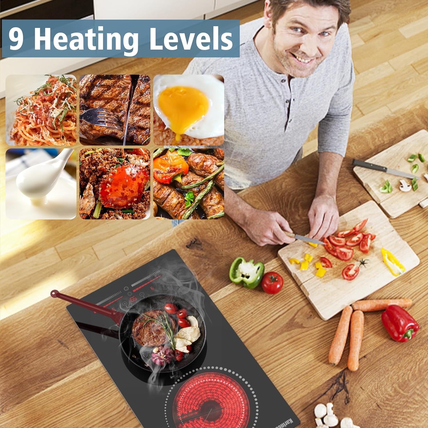 Karinear Keramische kookplaat 2 platen met stekker, keramische kookplaat 2 zones inbouw, kookplaat 2 kookplaten met aanraakbediening, dubbele ring-kookzone, timer, 3200 W, 220-240 V