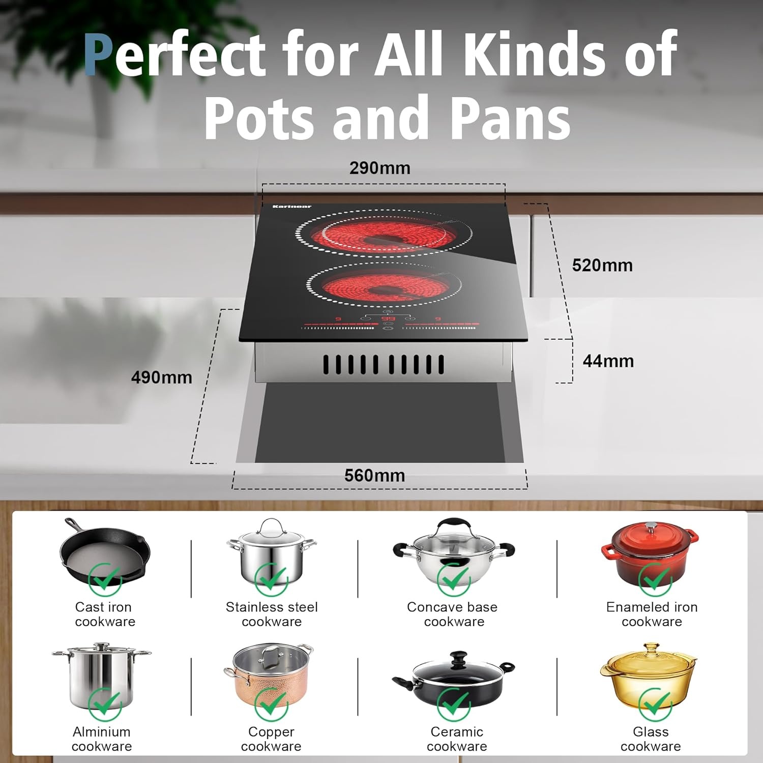 Karinear Keramische kookplaat 2 platen met stekker, keramische kookplaat 2 zones inbouw, kookplaat 2 kookplaten met aanraakbediening, dubbele ring-kookzone, timer, 3200 W, 220-240 V