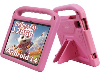 Kindertablet, 10 inch Android 14, 8 GB RAM, 128 GB ROM, EVA-hoes, Bluetooth, Wi-Fi, 6000 mAh, kinderbeveiliging, dubbele camera