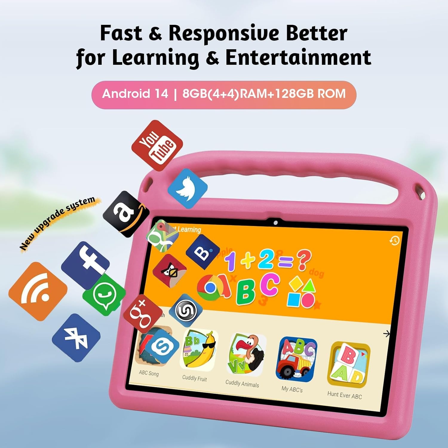 Kindertablet, 10 inch Android 14, 8 GB RAM, 128 GB ROM, EVA-hoes, Bluetooth, Wi-Fi, 6000 mAh, kinderbeveiliging, dubbele camera