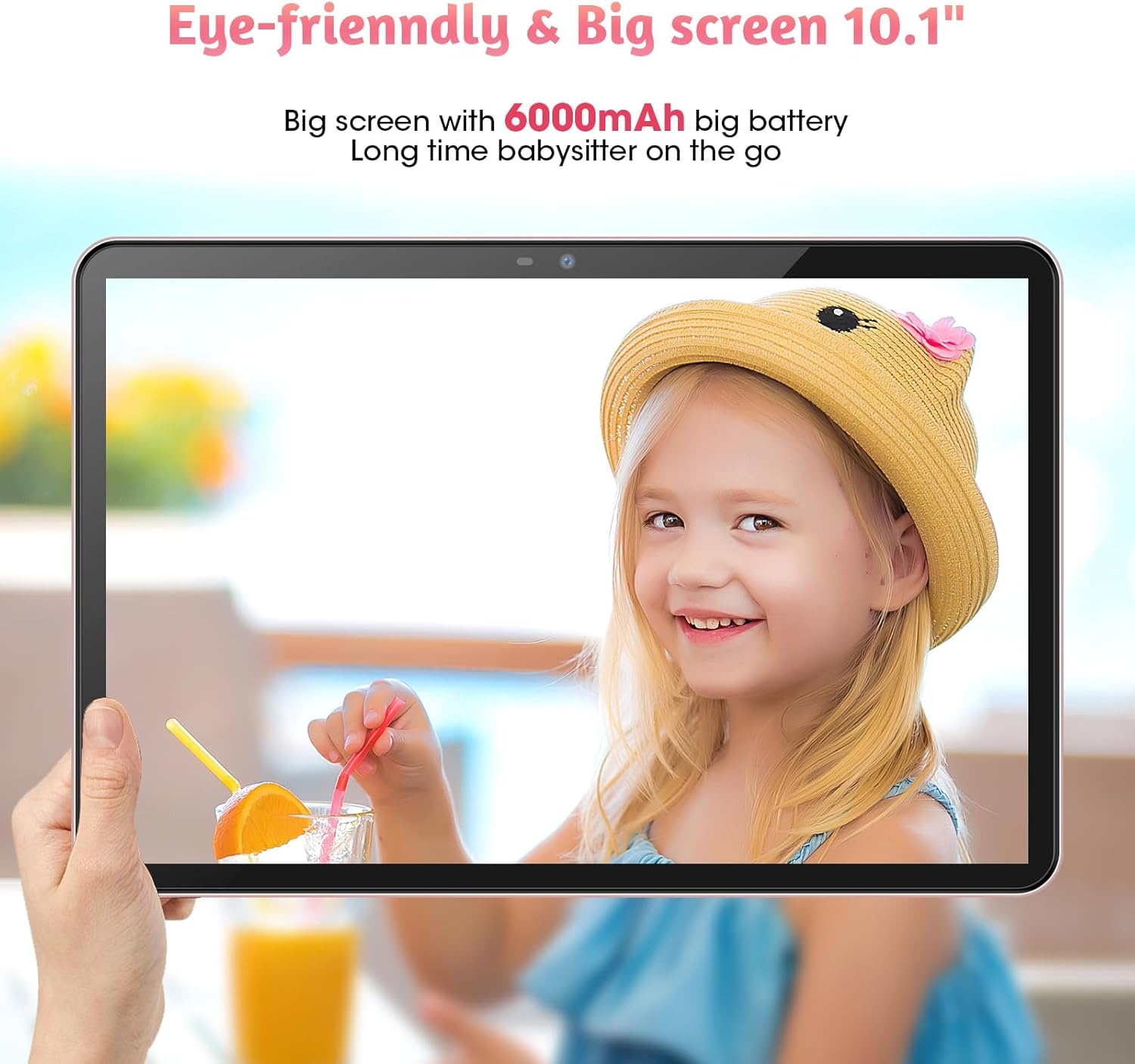 Kindertablet, 10 inch Android 14, 8 GB RAM, 128 GB ROM, EVA-hoes, Bluetooth, Wi-Fi, 6000 mAh, kinderbeveiliging, dubbele camera