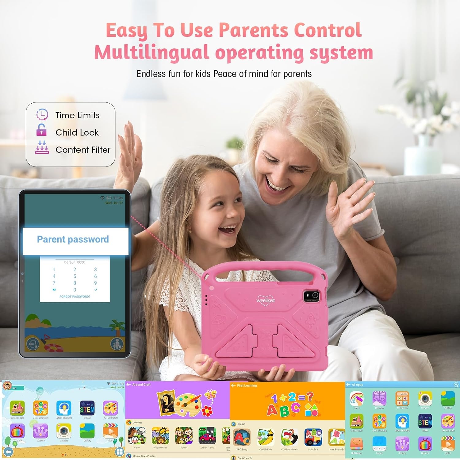 Kindertablet, 10 inch Android 14, 8 GB RAM, 128 GB ROM, EVA-hoes, Bluetooth, Wi-Fi, 6000 mAh, kinderbeveiliging, dubbele camera