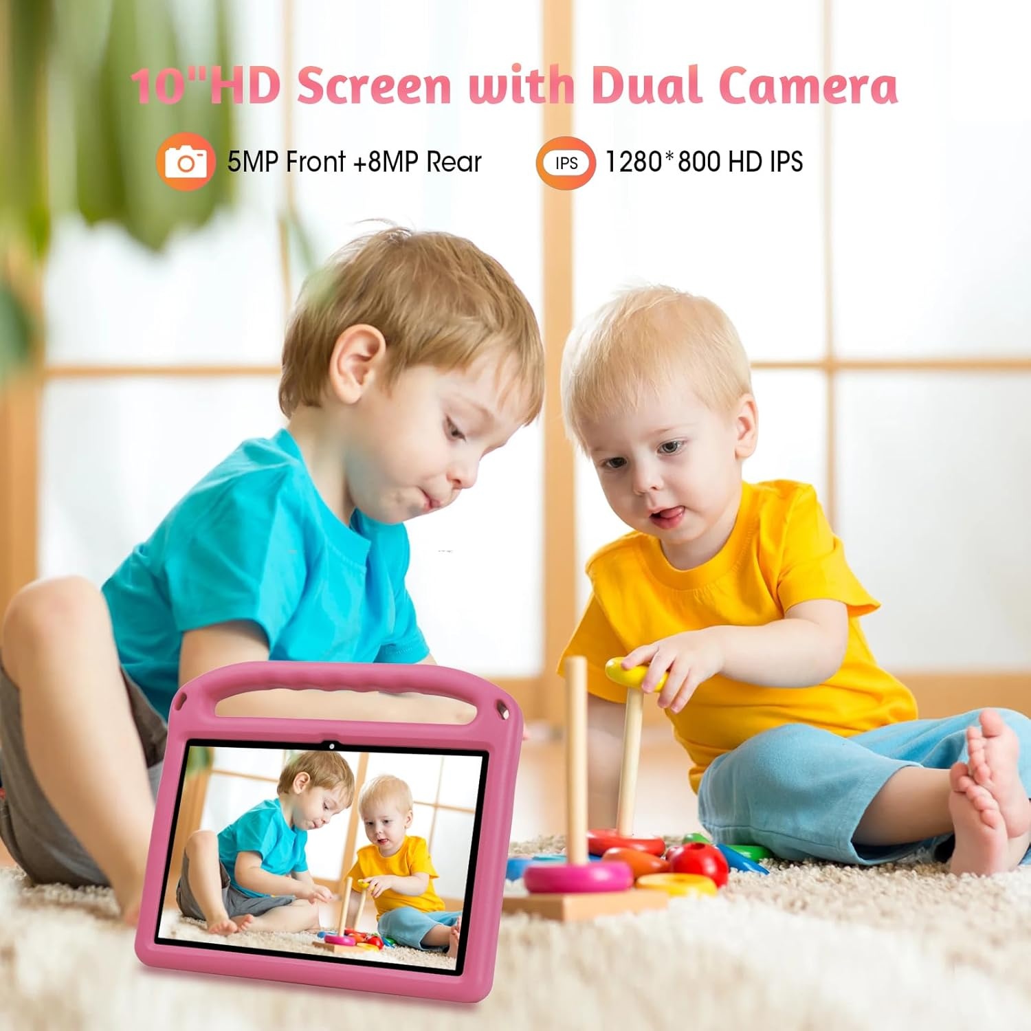Kindertablet, 10 inch Android 14, 8 GB RAM, 128 GB ROM, EVA-hoes, Bluetooth, Wi-Fi, 6000 mAh, kinderbeveiliging, dubbele camera