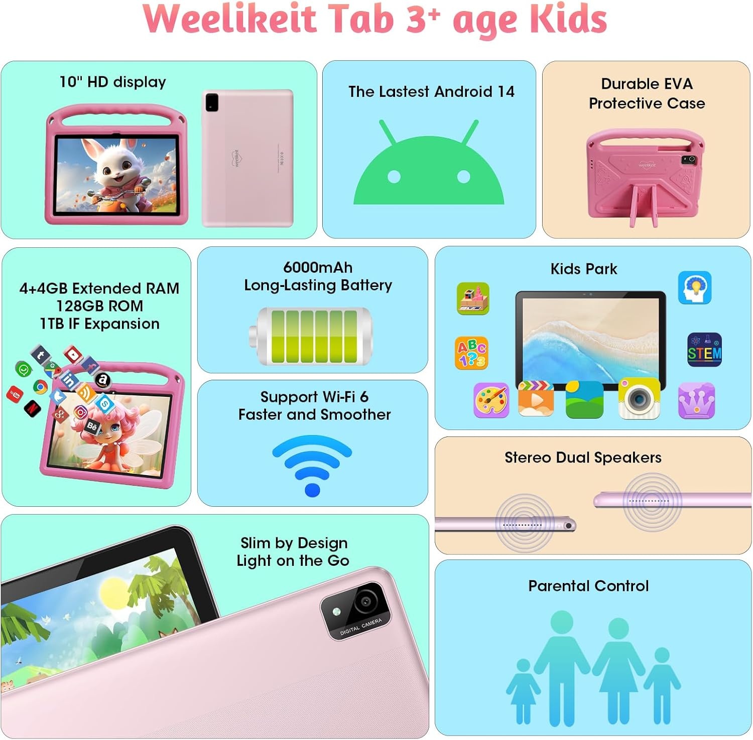 Kindertablet, 10 inch Android 14, 8 GB RAM, 128 GB ROM, EVA-hoes, Bluetooth, Wi-Fi, 6000 mAh, kinderbeveiliging, dubbele camera