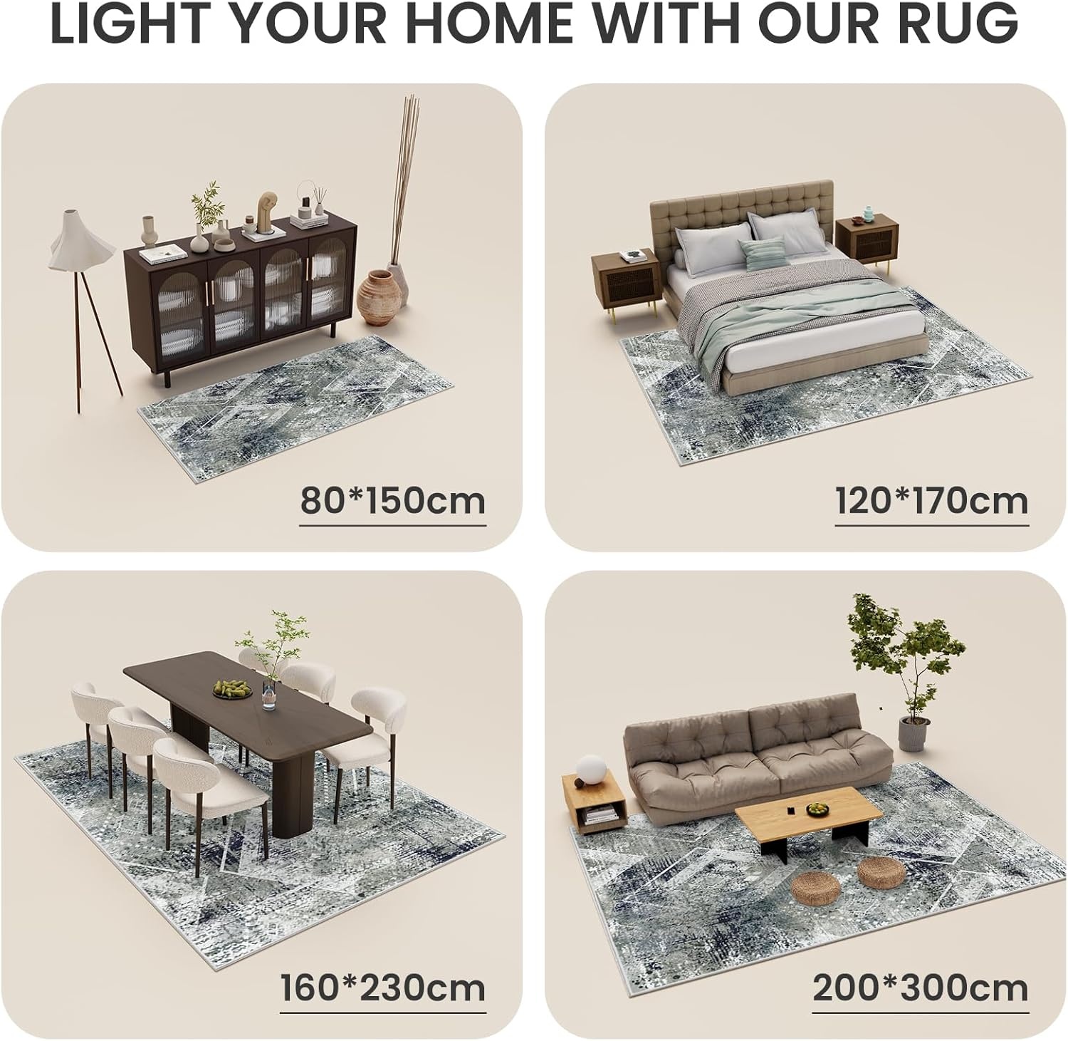 Vamcheer Abstract tapijt voor de woonkamer, vintage, antislip en wasbaar, 10 mm, dikke spons, tapijt voor slaapkamer, grote tapijten, superzacht, blauwgroen, 200 x 300