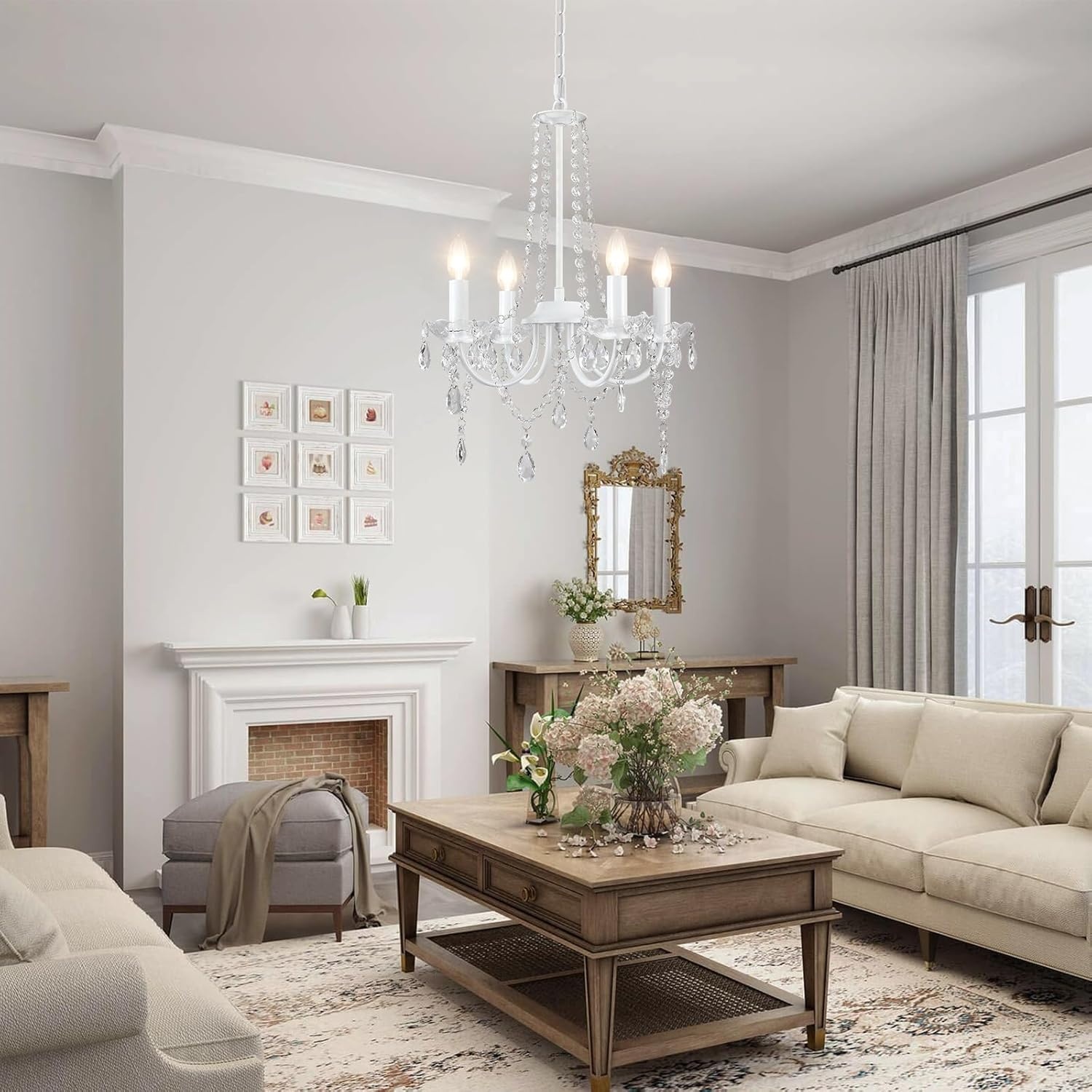 Witte Kroonluchter met 4 Lampen, Moderne Plafondlamp voor Woonkamer, Slaapkamer en Eetkamer, E14 Fitting