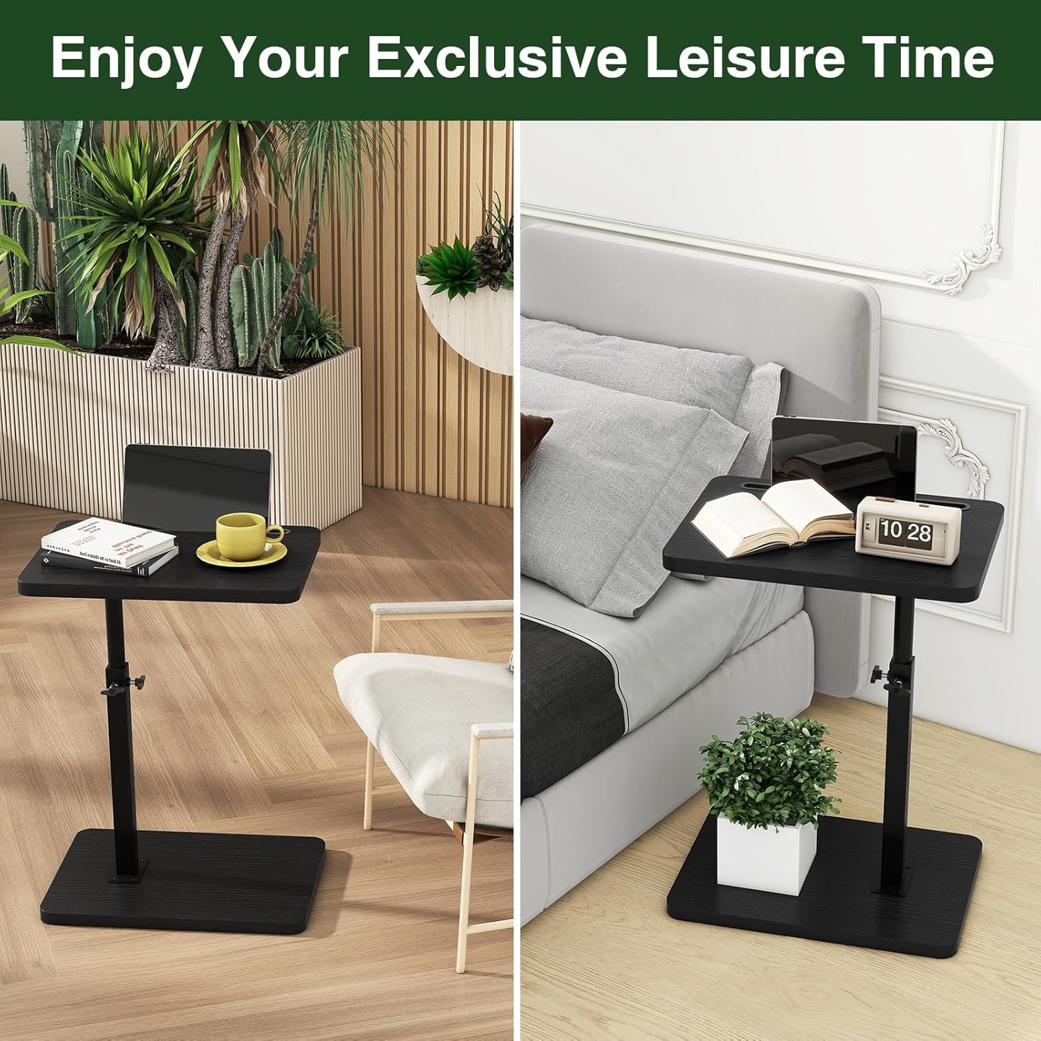 IBUYKE TVT003B C-vormige bijzettafel, 360° draaibare in hoogte verstelbare eindtafel voor kleine ruimtes, met sleuf voor telefoon en tablet, moderne kleine koffietafel voor bank/bed, zwart