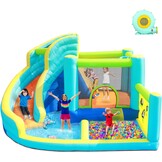 FBSPORT Springkasteel met ventilator, waterspeelcentrum met droog-/waterglijbaan, kinderbadje, klimwand, spring- en basketbalmand, groot springkasteel voor binnen en buiten, geschikt voor maximaal 4