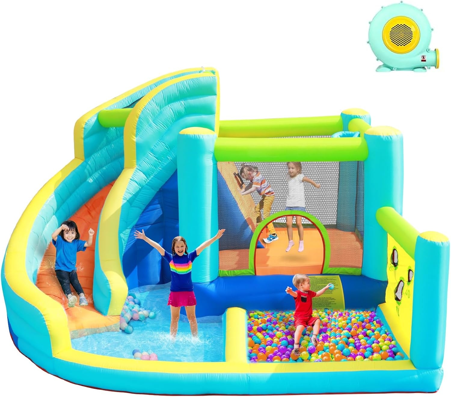 FBSPORT Springkasteel met ventilator, waterspeelcentrum met droog-/waterglijbaan, kinderbadje, klimwand, spring- en basketbalmand, groot springkasteel voor binnen en buiten, geschikt voor maximaal 4