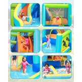 FBSPORT Springkasteel met ventilator, waterspeelcentrum met droog-/waterglijbaan, kinderbadje, klimwand, spring- en basketbalmand, groot springkasteel voor binnen en buiten, geschikt voor maximaal 4